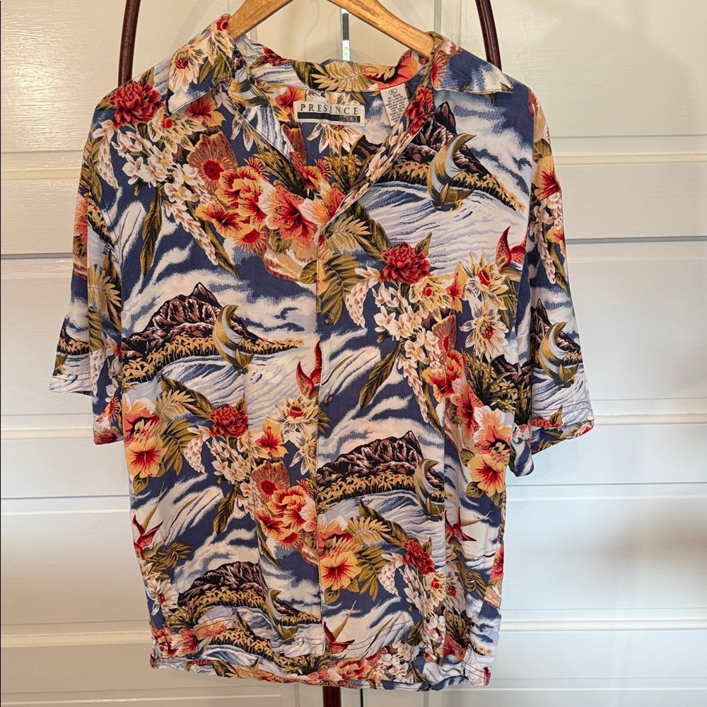 Men’s Presence Tropical Floral Hawaiian Button-Up Shirt Blue Red Yellow